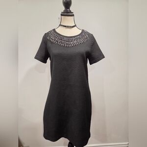 Cupcakes and Cashmere Black Textured Shift Dress | Beaded Neckline | Size M